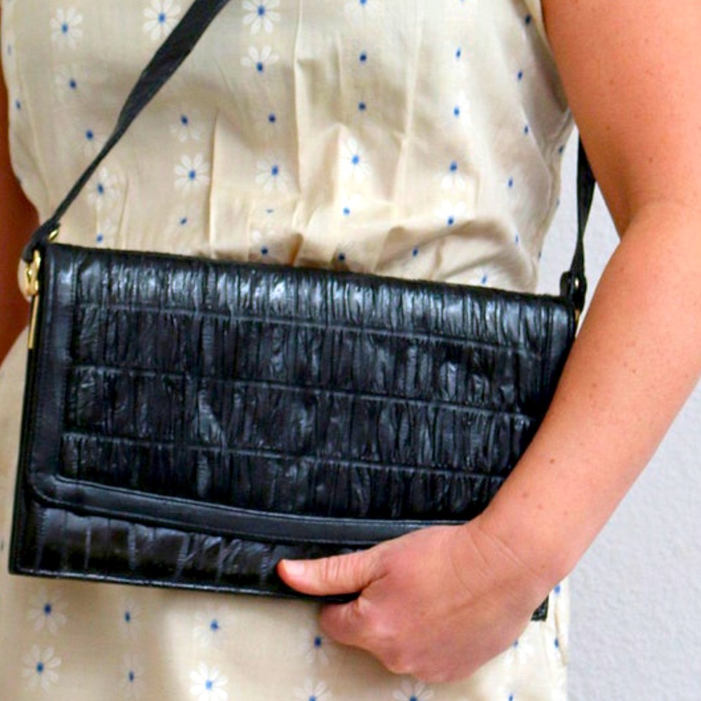 Vintage 70s Black Eel Skin Shoulder Clutch Bag Handbag Purse.